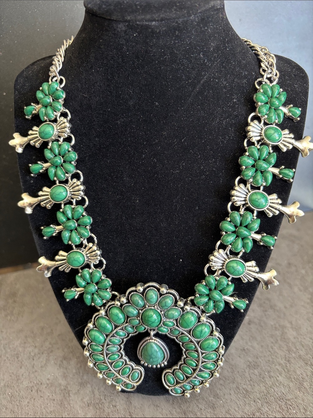 Green Stone Navajo-Inspired Statement Squash Blossom Necklace